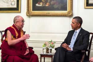 President Barack Obama meets with the Dalai Lama in the Map Room of the White House, Feb. 21, 2014. (Official White House Photo by Pete Souza) This official White House photograph is being made available only for publication by news organizations and/or for personal use printing by the subject(s) of the photograph. The photograph may not be manipulated in any way and may not be used in commercial or political materials, advertisements, emails, products, promotions that in any way suggests approval or endorsement of the President, the First Family, or the White House.