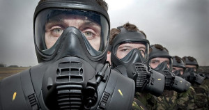 Gunners of 26 Squadron (Sqn) Royal Air Force (RAF) Regiment based at RAF Honington wearing the GSR10 gas mask during an exercise. Image by Defence Images