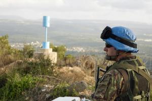 An Italian peacekeeper of the United Nations Interim Force in Lebanon (UNIFIL) patrols the "Blue Line" that demarcates the border between Lebanon and Israel. 17/Jan/2009. UN Photo/Eskinder Debebe. www.unmultimedia.org/photo/