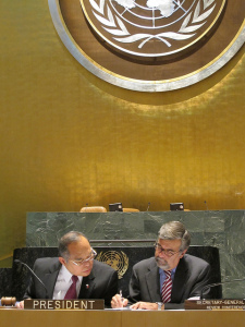 The top leadership consult seconds before opening the last session of the 2010 review conference of the Non-Proliferation Treaty on Nuclear Weapons (NPT). From left; NPT President Ambassador Libran N. Cabactulan and NPT Secretary-General Tom Markram.