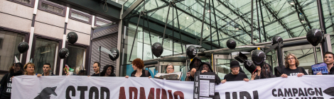 London, UK. 11th July, 2016. Human rights campaigners protest against arms sales to Saudi Arabia outside the Defence and Security Organisation (DSO), the Government department responsible for arms export promotions.