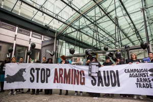 London, UK. 11th July, 2016. Human rights campaigners protest against arms sales to Saudi Arabia outside the Defence and Security Organisation (DSO), the Government department responsible for arms export promotions.