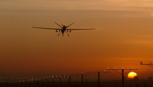 A Reaper Remotely Piloted Air System (RPAS) comes into land at Kandahar Airbase in Helmand, Afghanistan. Breaking new ground for the RAF, the MQ-9 Reaper has become an invaluable asset in the fight against terrorism in Afghanistan. It is able to spend great lengths of time silently observing the enemy before using a range of precision munitions to defend coalition troops and civilians from danger. This image was a runner-up in the RAF 2011 Photographic Competititon. Photographer: Fg Off Owen Cheverton Image 45153241.jpg from www.defenceimages.mod.uk For latest news visit: www.mod.uk Follow us: www.facebook.com/defenceimages www.twitter.com/defenceimages