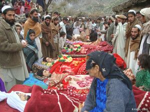 People of Narang district mourning for the students killed in a night raid in the village Ghazi Khan on December 27, 2009. Although the operation was authorised by NATO, it is still not publicly known who carried out the attack. Source: Wikipedia