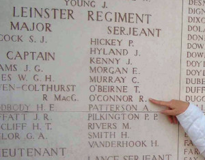 Image of the name of Sgt. Robert O'Connor of The Leinster Regiment on the Menin Gate wall, who was killed on 31 July 1917 during the First World War. Source: Wikipedia
