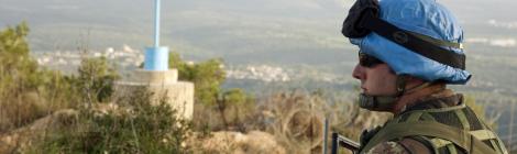 An Italian peacekeeper of the United Nations Interim Force in Lebanon (UNIFIL) patrols the "Blue Line" that demarcates the border between Lebanon and Israel. 17/Jan/2009. UN Photo/Eskinder Debebe. www.unmultimedia.org/photo/