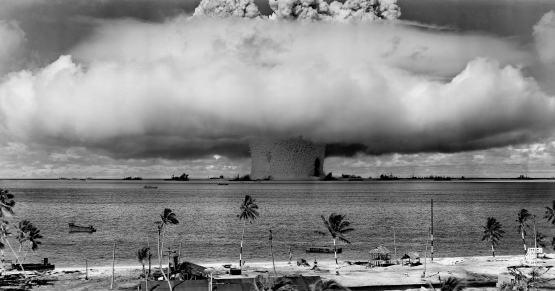 Mushroom cloud and water column on Bikini Atoll, Marshall Islands, Operation Crossroads Baker, 25 July 1946. Source: US Department of Defense (via Wikipedia)