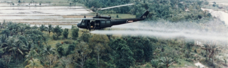 U.S. Army Huey helicopter spraying Agent Orange over Vietnamese agricultural land (Originally from U.S. Army Operations in Vietnam R.W. Trewyn, Ph.D. , (11) Huey Defoliation National Archives: 111-CC-59948, originally found in Box 1 Folder 9 of Admiral Elmo R. Zumwalt, Jr. Collection: Agent Orange Subject Files. - Item Number: VA042084; via Wikipedia)